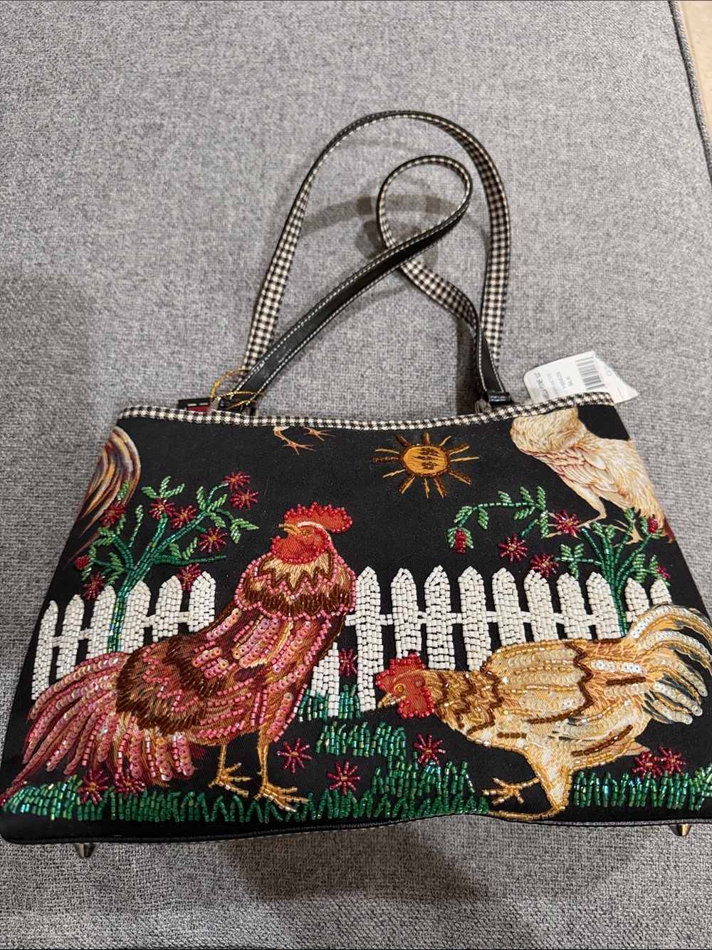 NWT Isabella Fiore Embroidered Beaded Chicken Farm Tote Bag in Black